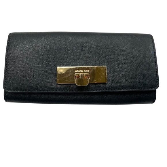 Michael Kors Callie Carryall Accordian Wallet Crossgrain Leather Black - Picture 1 of 10